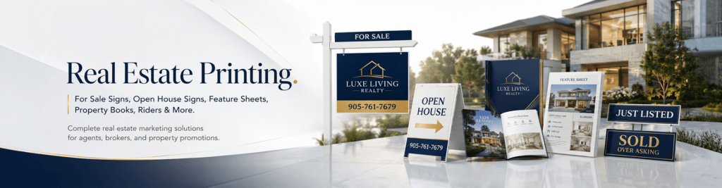 Real estate signs: for sale sign, open house A-frame, feature sheets, property book, just listed and sold riders