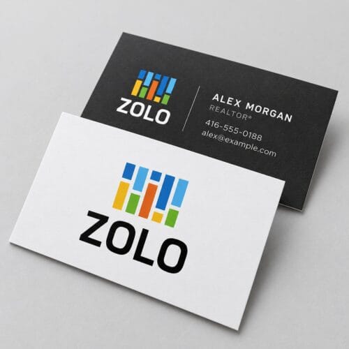Zolo matte business cards, black and white with a colourful logo, front and back
