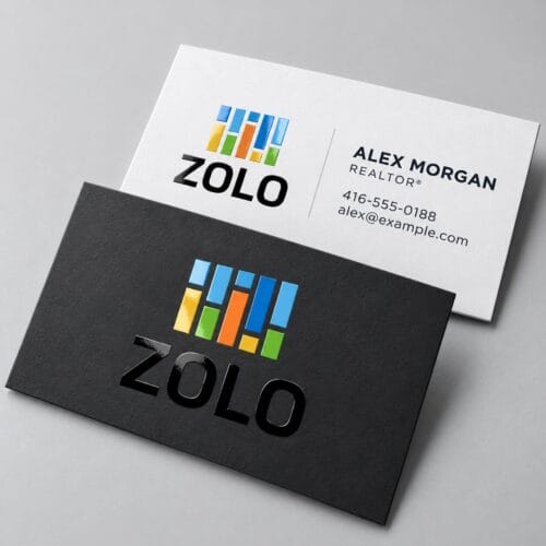 Zolo spot UV business cards with a raised gloss logo, black and white with a colourful logo, front and back