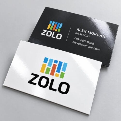 Zolo UV gloss business cards with a high-shine finish, black and white with a colourful logo, front and back