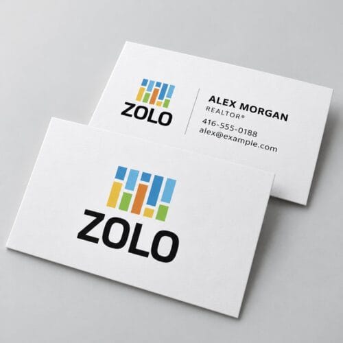 Zolo value business cards, white with a colourful logo, front and back